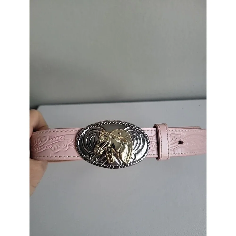 Pink Western-Style Leather Belt with Two-Tone Decorative Buckle